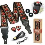 Art Tribute Guitar Strap for Acoustic Guitars Electric Guitars and Bass Red Vintage Woven Embroidered Adjustable Strap Includes 2 Strap Locks to Keep Your Guitar Safe & 2 Unique Picks & Pick Pocket