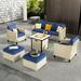 HOOOWOOO Patio Furniture Sectional Sofa Set 6 Pieces PE Rattan Patio Conversation Set w/30in Fire Pit Table-Blue Cushion