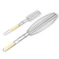 HEMOTON 2 Pcs Fish Grill Basket Long Handle Non-stick Mesh Grilled Fish Barbecue Clip Wooden Part Handle Net Outdoor Barbecue Tool (Silver White)