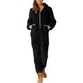 Lisingtool Winter Coats for Women s Artificial Wool Long Sleeve Pajamas Casual Solid Color Zipper Loose Hooded Jumpsuit Pajamas Casual Winter Warm Rompe Cute Sleepwear Pajamas for Women Set Black