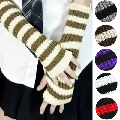 Frauen Gestrickte Fingerlose Arm Ärmel Gothic Stil Gestreiften Winter Lange Arm Wärmer Mädchen Image