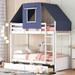 Twin over Twin Bunk Bed with Tent and 2 Storage Drawers, Wood Bed with Headboard & Footboard, Safety Guardrails
