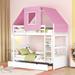 Twin over Twin Wood Bunk Bed with Drawers, White+Pink Tent
