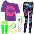 DANGCOS 80s Outfit Costumes Accessories for Women Off The Shoulder Tops Shirts Neon Leggings with Leg Warmers, Purple, Small