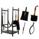 Log Basket Fireside Companion Set - Recycled Iron Black Log Store Indoors with Fire Poker, Dustpan, Brush & Tongs Fireplace Accessories Contemporary Wood Basket Log Rack Log Burner Accessories