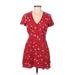 Pull&Bear Casual Dress - A-Line Plunge Short sleeves: Red Floral Dresses - Women's Size Medium