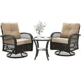 ELPOSUN 3 Pieces Patio Furniture Set Outdoor Swivel Gliders Rocker Wicker Patio Bistro Set with Rattan Rocking Chair Glass Top Side Table and Thickened Cushions for Porch Deck Backyard