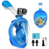 Full Face Snorkel Mask Snorkeling Mask with Detachable Camera Mount Panoramic View Upgraded Dive Mask with Safety Breathing System Dry Top Set Blue S/M