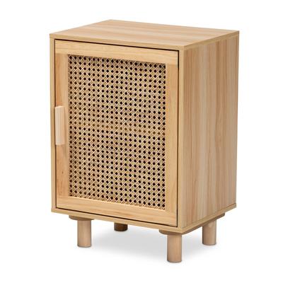 Maclean Mid-Century Modern Rattan And Natural Brown Finished Wood 1-Door Nightstand by Baxton Studio in Beige Natural Brown