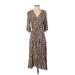 Just Casual Dress - Midi V-Neck 3/4 sleeves: Brown Leopard Print Dresses - Women's Size X-Small