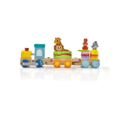 Costway Wooden Stackable Educational Train Set with Colorful Animal Toys and Retractable Locomotive