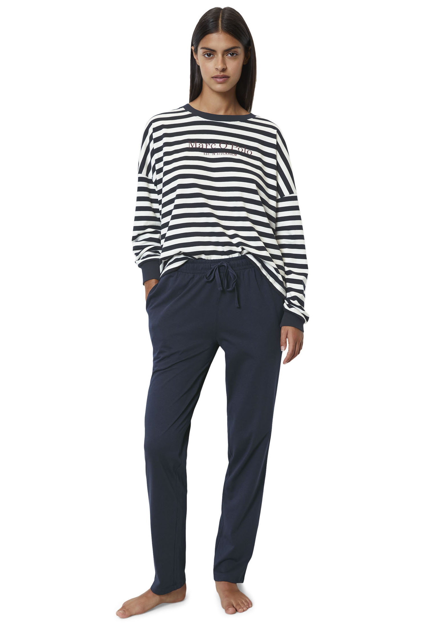 Pyjama MARC O'POLO "Mix & Match Cotton-Woven", Damen, Gr. M (38), blau (schwarz navy, weiß cotton), Jersey, Obermaterial: 100% Baumwolle, geringelt, gestreift, unifarben, figurumspielend lang, Rundhals, angeschnitten Rippbündchen, Homewear-Sets...