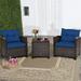 3 Piece Furniture Set Wicker Bistro Conversation Set W/ 2 Cushioned Armchairs & Glass Topped Table Outdoor Rattan Sofa Set Furniture For Porch Balcony Poolside (Navy Blue)