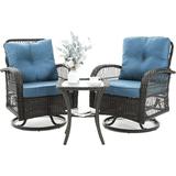 ELPOSUN 3 Pieces Patio Furniture Set Outdoor Swivel Gliders Rocker Wicker Patio Bistro Set with Rattan Rocking Chair Glass Top Side Table and Thickened Cushions for Porch Deck Backyard