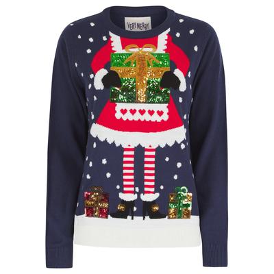 Jumpers Women’s Mrs Kringle Motif Novelty Sequinned Christmas Jumper in Eclipse Navy - Merry Christmas / 18/XXL - Tokyo Laundry