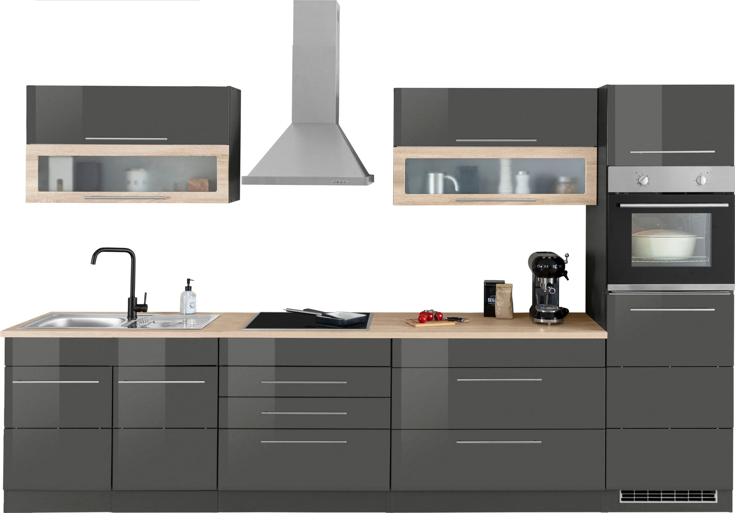Küchenzeile KOCHSTATION "KS-Wien", grau (küche: grau, front: grau hochglanz, korpus: grafit, arbeitsplatte: eichefarben), B:340cm T:60cm, Komplettküchen-Sets, Küchenzeile, Breite 340 cm, wahlweise mit E-Geräten und Induktion Image