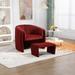 Mid Century Accent Upholstered Round Arms Barrel Chair with Ottoman for Living Room, Wine Red