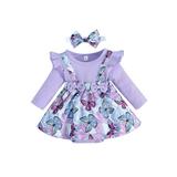 Infant Baby Girl Romper Dress Butterfly Print Rib Knit Long Sleeve Skirt Hem Jumpsuits Clothes Baby Bodysuits with Headband