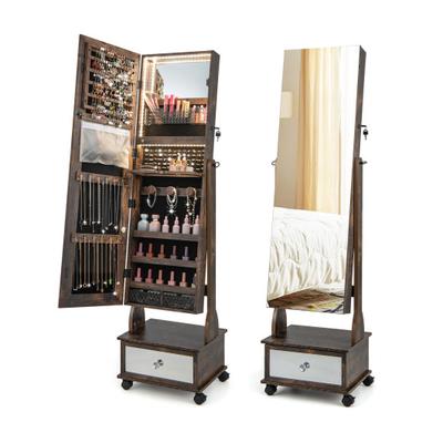 Costway 47 Inch Lockable Jewelry Cabinet Armoire with 3-Color LED Lights-Rustic Brown