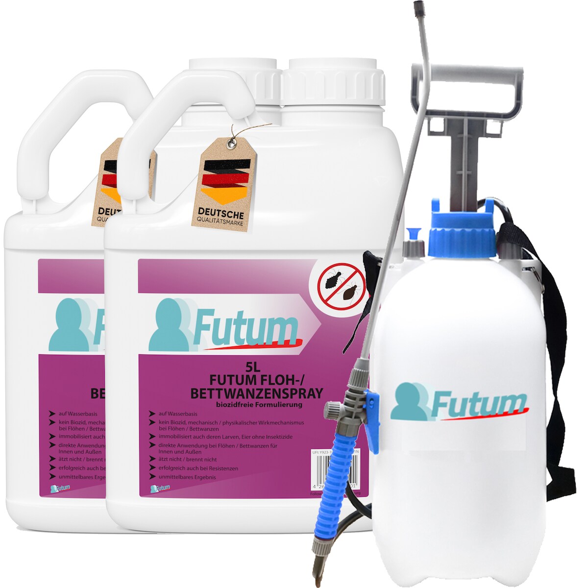 FUTUM 2x5L Bettwanzenspray / Flohspray bekämpft Insekten, Eier, Larven ohne Biozide auf Wasserbasis, Sofortwirkung ohne Flecken + 5L Sprüher Image
