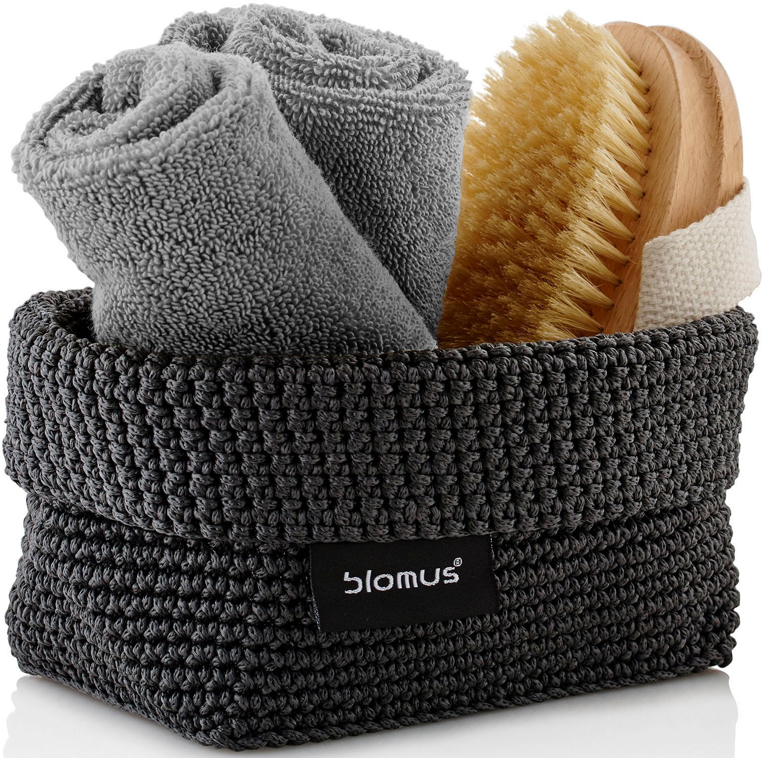 Häkelkorb BLOMUS "TELA", grau (anthrazit), B:10cm H:8,5cm T:15,5cm, Kunststoff, Aufbewahrungsboxen