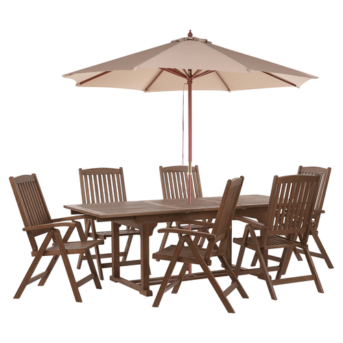 Gartenmöbel Set Dunkelbraun und Sandbeige Akazienholz 8-Teilig Sonnenschirm Ausziehtisch mit 6 Stühlen Klappbar Verstellbar Modern Terrasse