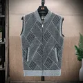 Men's Wool Sweaters Vest Autumn Winter Fleece Warm Casual Zipper Cashmere Sleeveless Solid Sweater