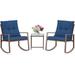 SUNCROWN 3-Piece Patio Rocking Brown Wicker Bistro Set Blue