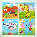 Cartoon Wooden Puzzle Toy 4PCS Wooden Flat Puzzles Toy Preschool DIY Puzzle Toy Cartoon Animals Flat Puzzles Educational Puzzle Toys for Boys Girls Elephant Giraffe Train Aircraft Style