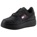 Plateausneaker TOMMY JEANS "TJW RETRO BASKET FLATFORM ESS", Damen, Gr. 37, schwarz, Leder, Textil, Lederimitat, sportlich, Schuhe, mit Logoschriftzug in der Sohle, Freizeitschuh, Halbschuh, Schnürschuh