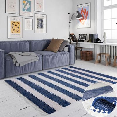 Teppich MY HOME "Benja", blau (blau, weiß), B:120cm H:10mm L:170cm, Baumwolle, Polyester, Teppiche, Fransenteppich, Handweb Teppich, gestreift, 90% Baumwolle, handgewebt, mit Fransen. Image