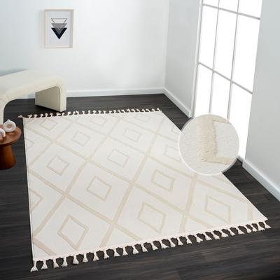 Teppich MY HOME "Otilie" Gr. 4, beige (cream), B:160cm H:11mm L:230cm, Kunstfaser, Teppiche, dichte Qualität, Woll-Look, Boho, mit Fransen und Rauten, Scandi Image