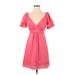 BCBGMAXAZRIA Casual Dress - Mini Plunge Short sleeves: Pink Print Dresses - Women's Size 2