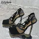 Eilyken-Escarpins à lacets en maille évidée pour femmes sandales à talons hauts Parker carré