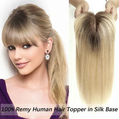 Toppers de cheveux humains avec frange pour femmes 100% Remy Blond platine Ombre Cheveux fins
