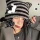 Petit bonnet en laine rayé avec oreilles de chat pour femmes bonnet plus chaud Streetwear doux