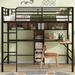 Full Size All-in-One Metal Wood Loft Bed w/ L -shaped Desk & Shelves Upholstered Bed No Box Spring Needed, Easy Assembly, Black