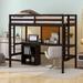 Twin Size Espresso All-in-One Loft Bed w/ Desk Upholstered Bed & Writing Board Wooden Platform Bed & Drawers Cabinet Storage Bed