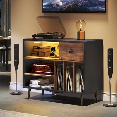 Moasis Wooden Bookshelf Media Console Record Player CD Storage Cabinet with Power Outlets & LED Light