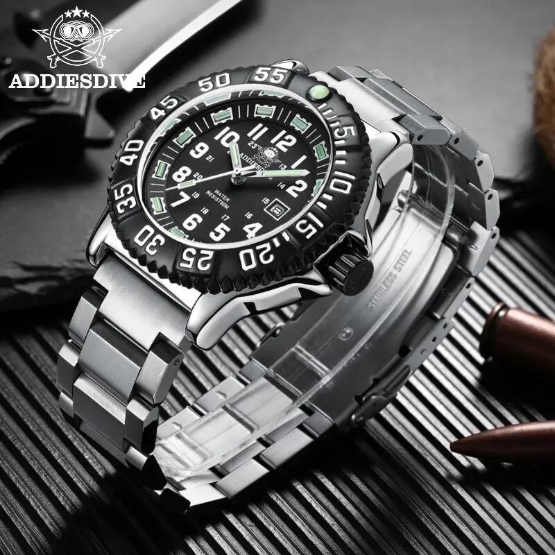 Addies dine men mode casual uhr kalender display 50m wasserdichte röhre leuchtende uhr schwarz zifferblatt rotierend quarzuhr Image