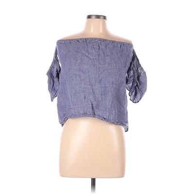 Saks Fifth Avenue Short Sleeve Blouse: High Neck Off Shoulder Blue Checkered/Gingham Tops - Women's Size Large