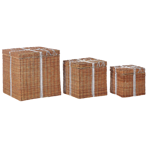 Weihnachtsdekoration Geschenkbox 3er Set Braun Rattan mit Schleife Deko Aufbewahrungsboxen für Wohnzimmer Schlafzimmer