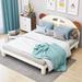 Full Size Solid Wood Platform Bed Lovely Bear Ears Bed with LED for Kids, Wood Platform Bed Frame No Box Spring, Cream White