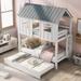 Wood Bed Fram, Twin Over Twin House Bunk Bed with Trundle, Roof & Windows, for Kids, Teens, Save Space, No Spring Box Required