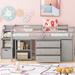 Full Size Solid Wood Low Loft Bed with Storage Stairs and Big Shelves, Kids Loft Bed with Retractable Desk & 3 Drawers, Gray
