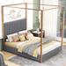 Queen Canopy Platform Bed Metal Four Poster Bed w/ Striped Headboard
