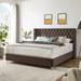 King Bed Frame with Button Nailhead Tufted Headboard, Upholstered Platform Bed with Wood Slat Support and Metal Legs, Brown