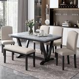 6-piece Kitchen Dining Furniture Set Includes Table, 4 Upholstered Chairs & Bench, Marbled Veneers Tabletop & V-shape Table Legs