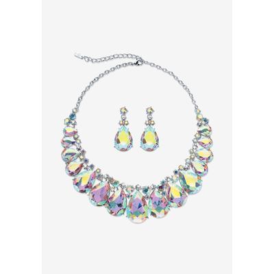 Women's Silver Tone Tone Bib Necklace Set, Aurora Borealis Crystal, 16" by PalmBeach Jewelry in Crystal