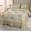 VIVILINEN Quilt Set Queen Size Green Patchwork Floral Quilted Bedspread Coverlet Set 3-Piece Reversible Comforter Lightweight Stitched Quilt Bedding Set Bed Sheet Cover Blanket with 2 Pillow Shams